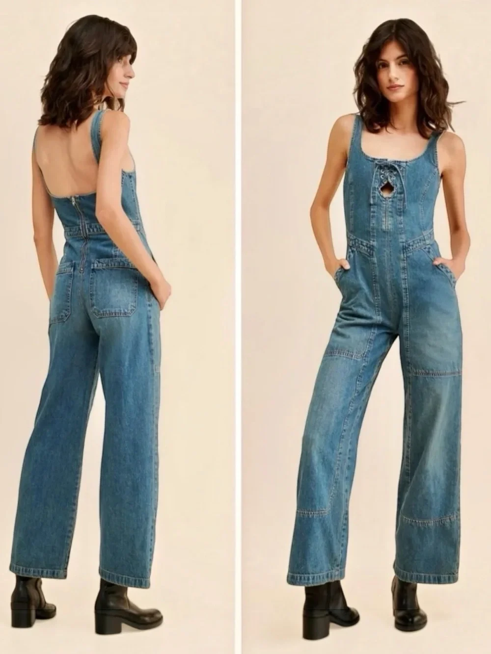 Free People x We The Free Amina Denim Wide Leg & Lace-Up Jumpsuit